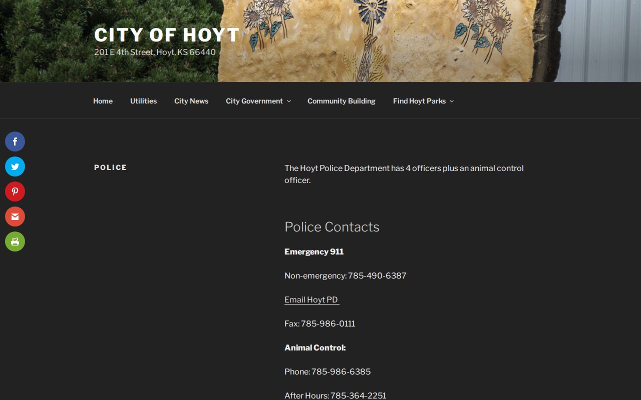 Hoyt Police Department contact page for Jackson County arrest records