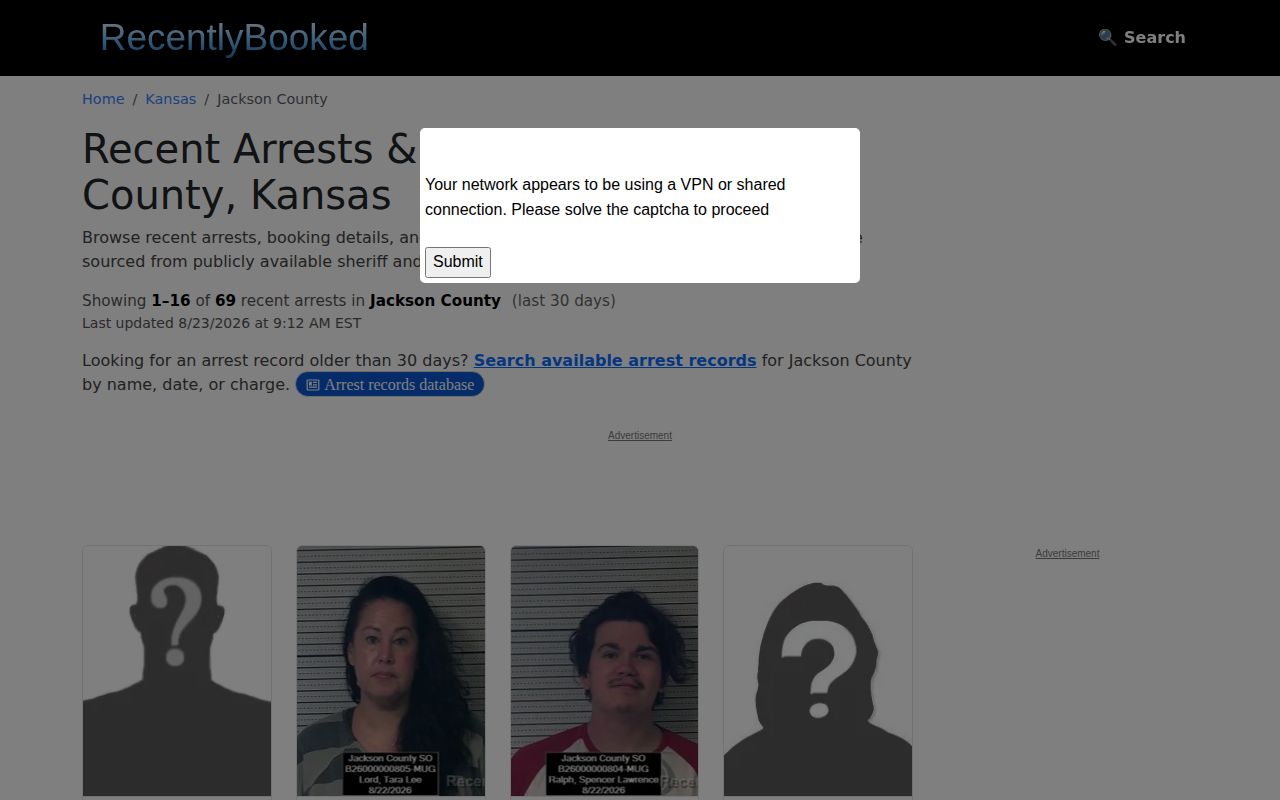 Unofficial recent Jackson County Kansas booking-record interface