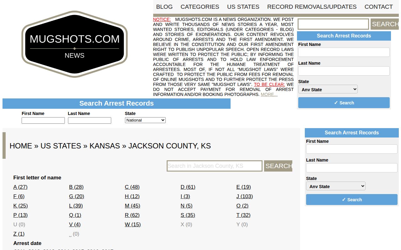 Legacy unofficial Jackson County mugshot archive interface