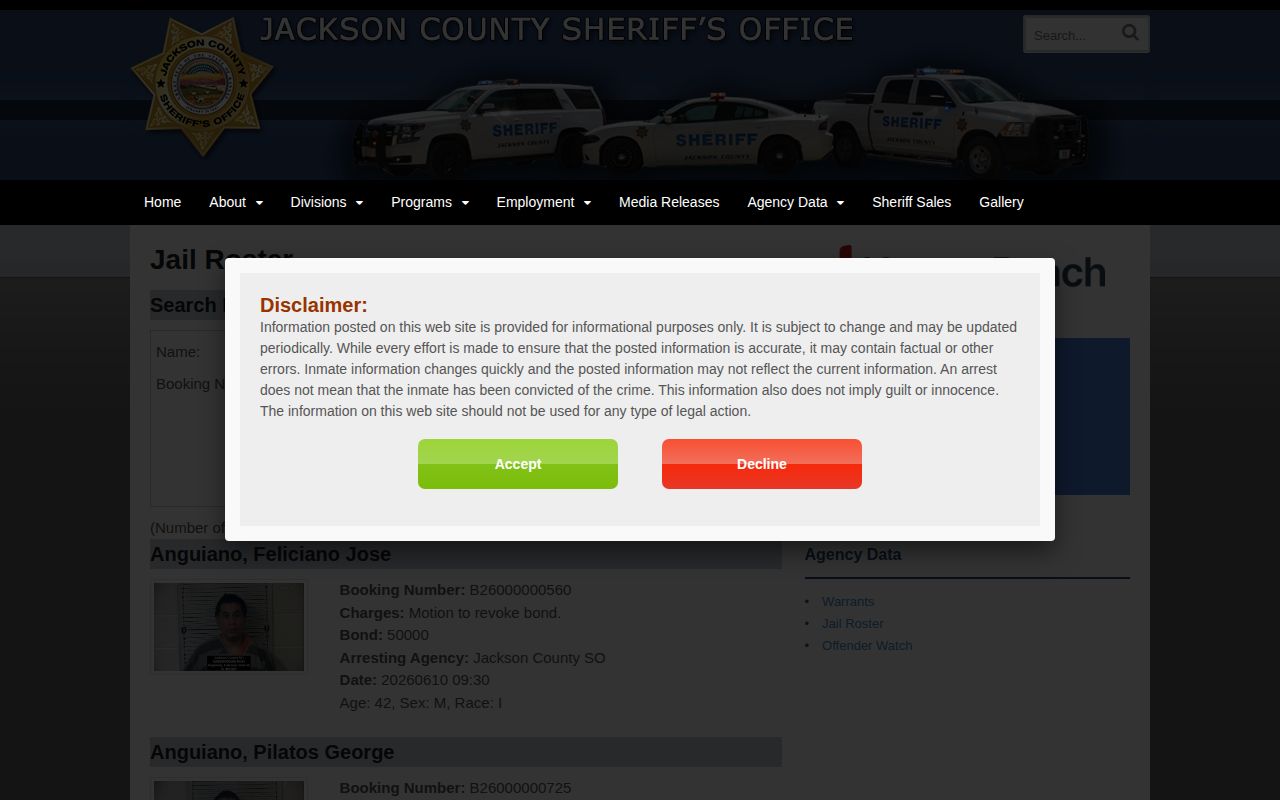 Jackson County Jail roster search and current booking records