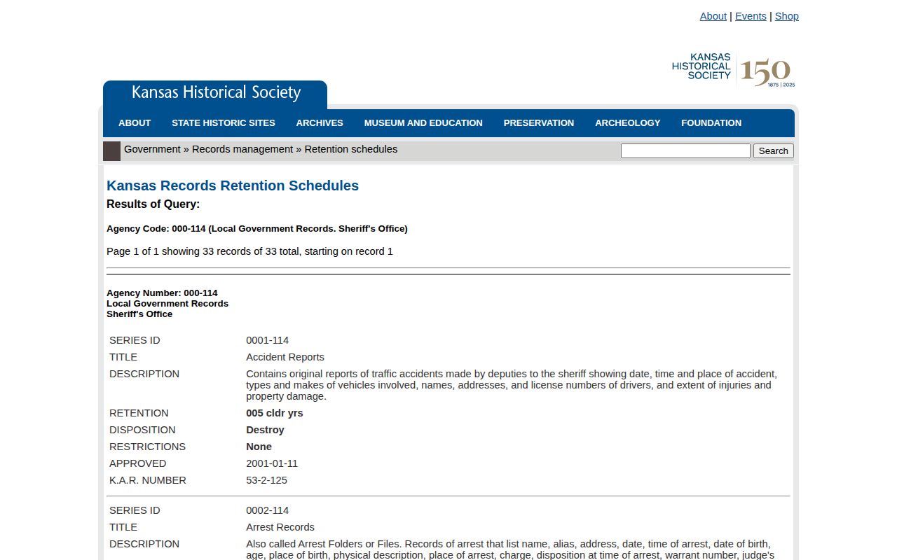 Jackson County sheriff arrest-record and mugshot retention schedule