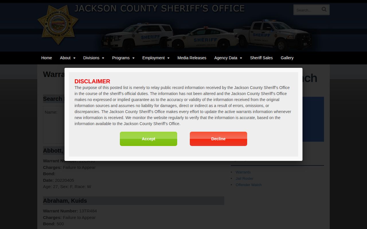 Jackson County warrant records name search without booking photos